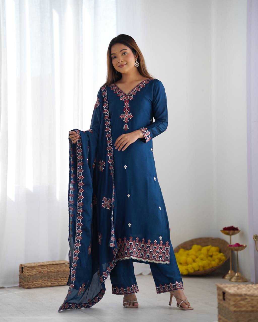 Party Wear Teal Blue Color Embroidery Work Salwar Suit