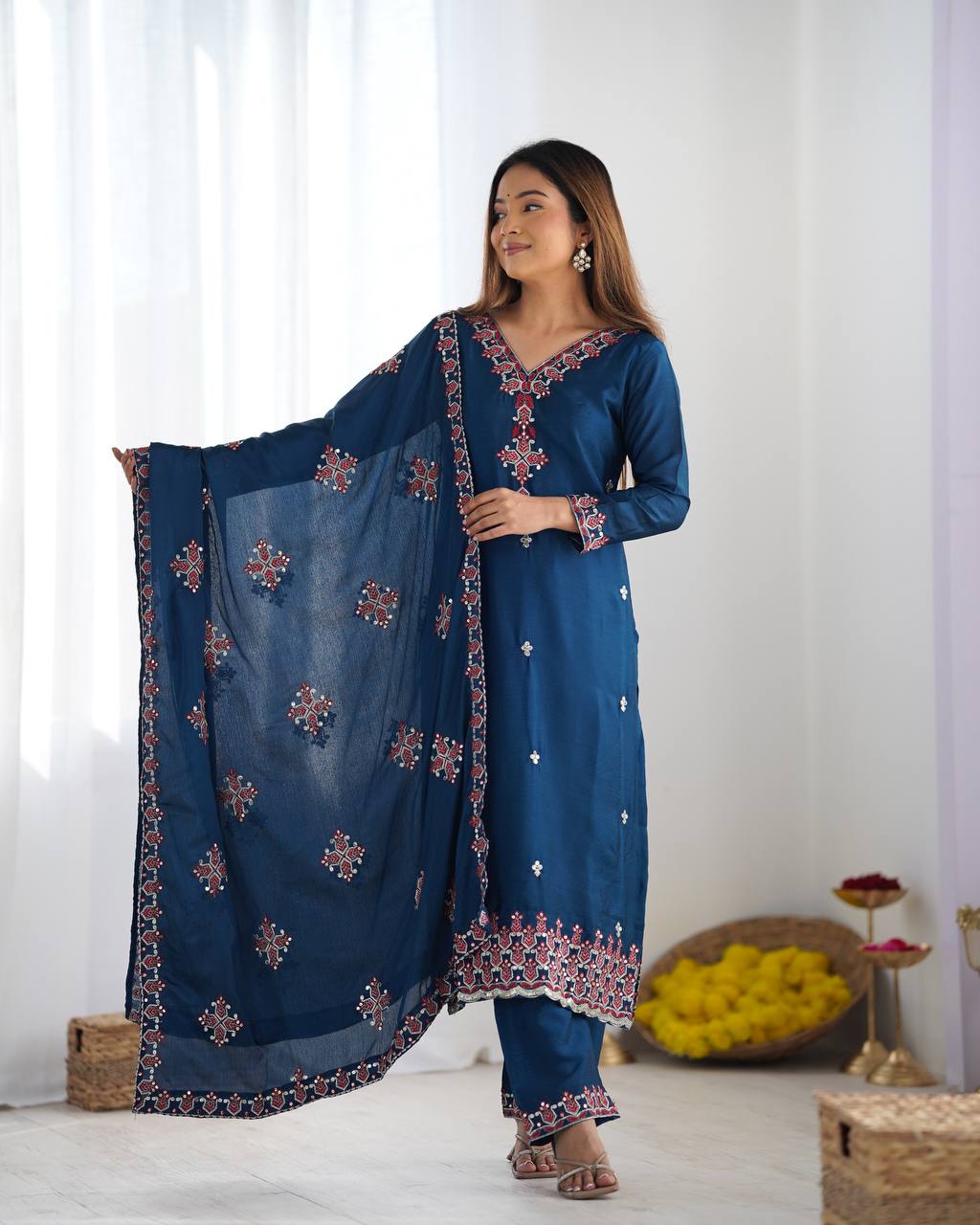 Party Wear Teal Blue Color Embroidery Work Salwar Suit