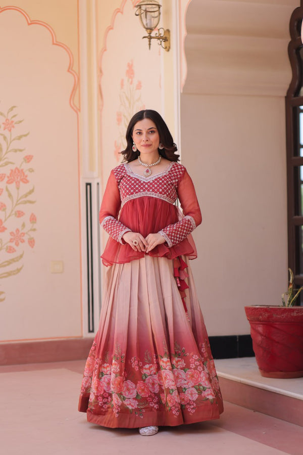 Sangeet Nights Wear Gajri Color Flower Printed Embroidered Lehenga Choli