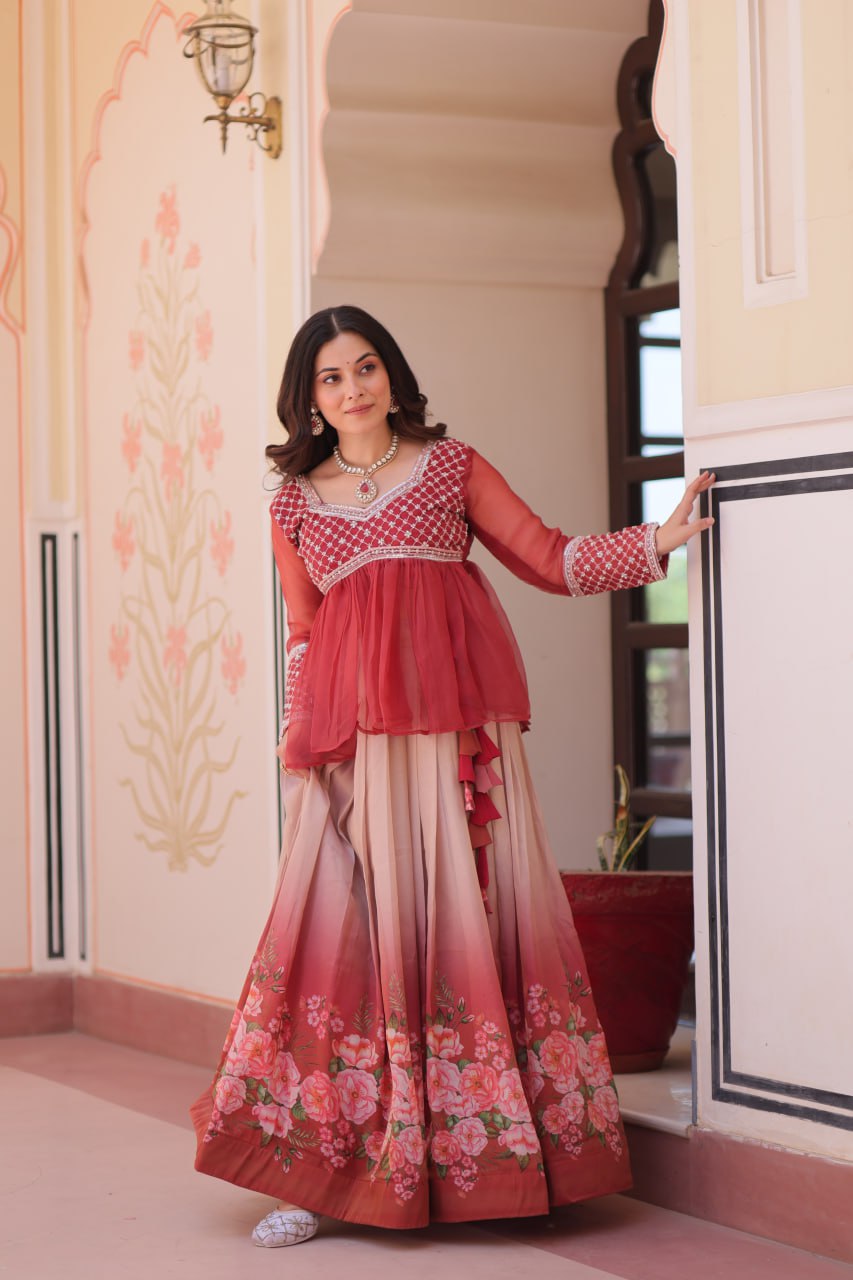Sangeet Nights Wear Gajri Color Flower Printed Embroidered Lehenga Choli