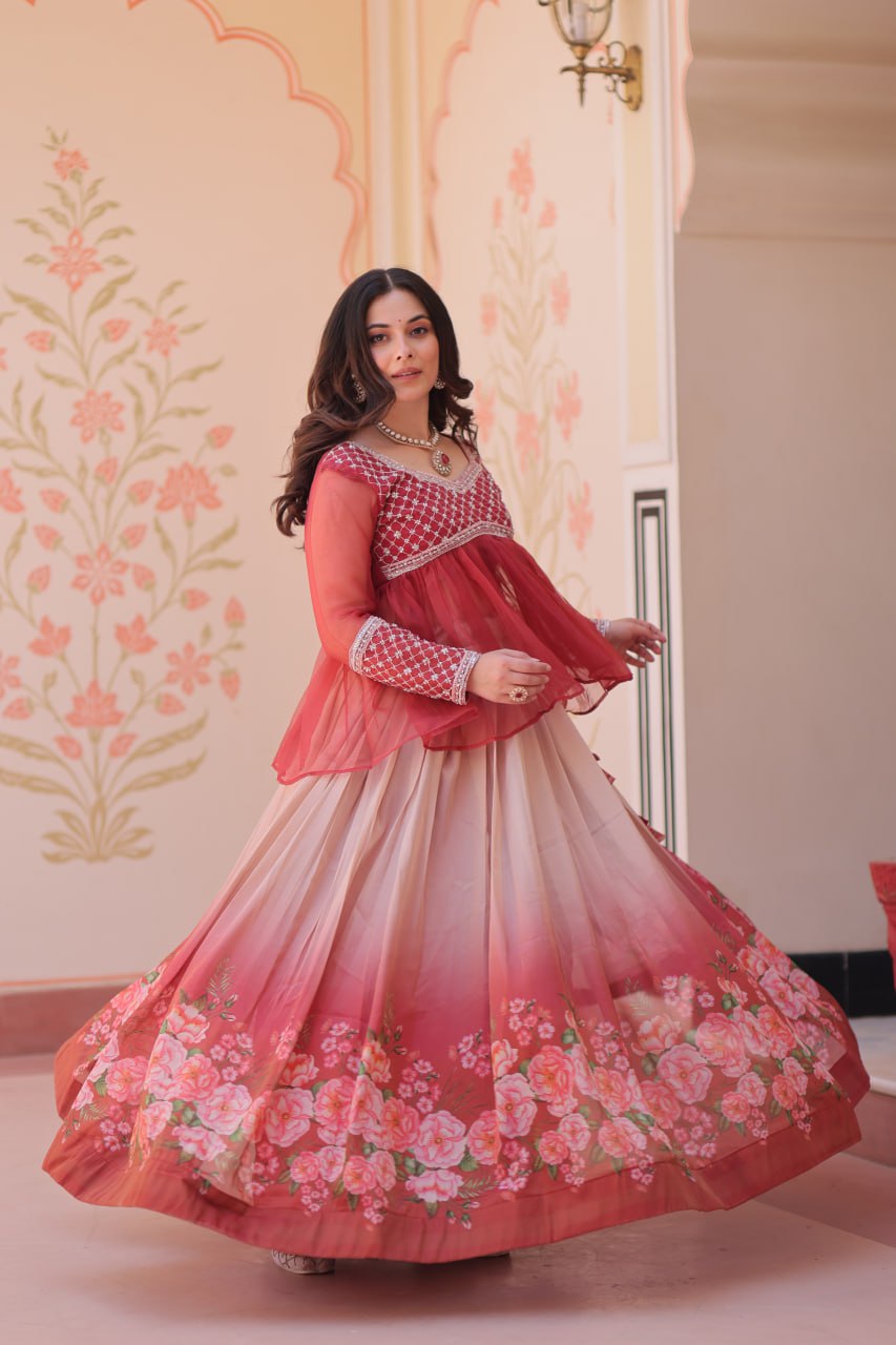 Sangeet Nights Wear Gajri Color Flower Printed Embroidered Lehenga Choli