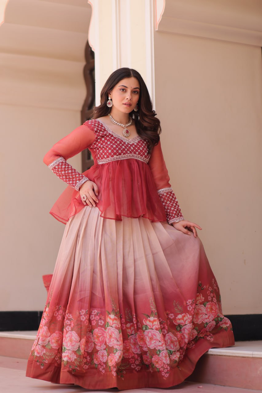 Sangeet Nights Wear Gajri Color Flower Printed Embroidered Lehenga Choli
