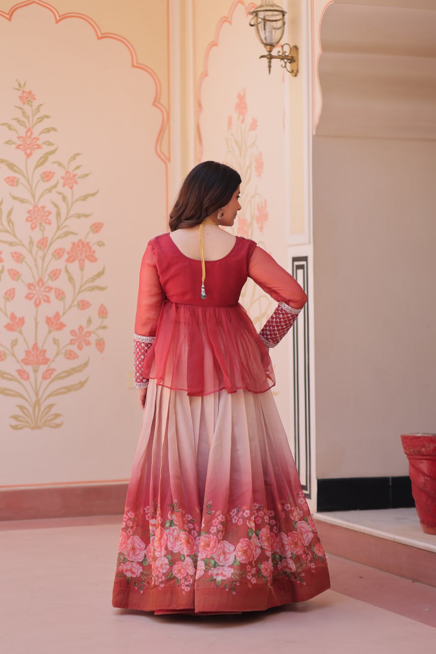 Sangeet Nights Wear Gajri Color Flower Printed Embroidered Lehenga Choli