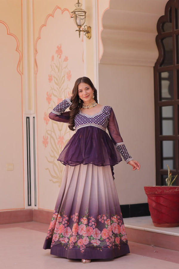 Sangeet Nights Wear Purple Color Flower Printed Embroidered Lehenga Choli