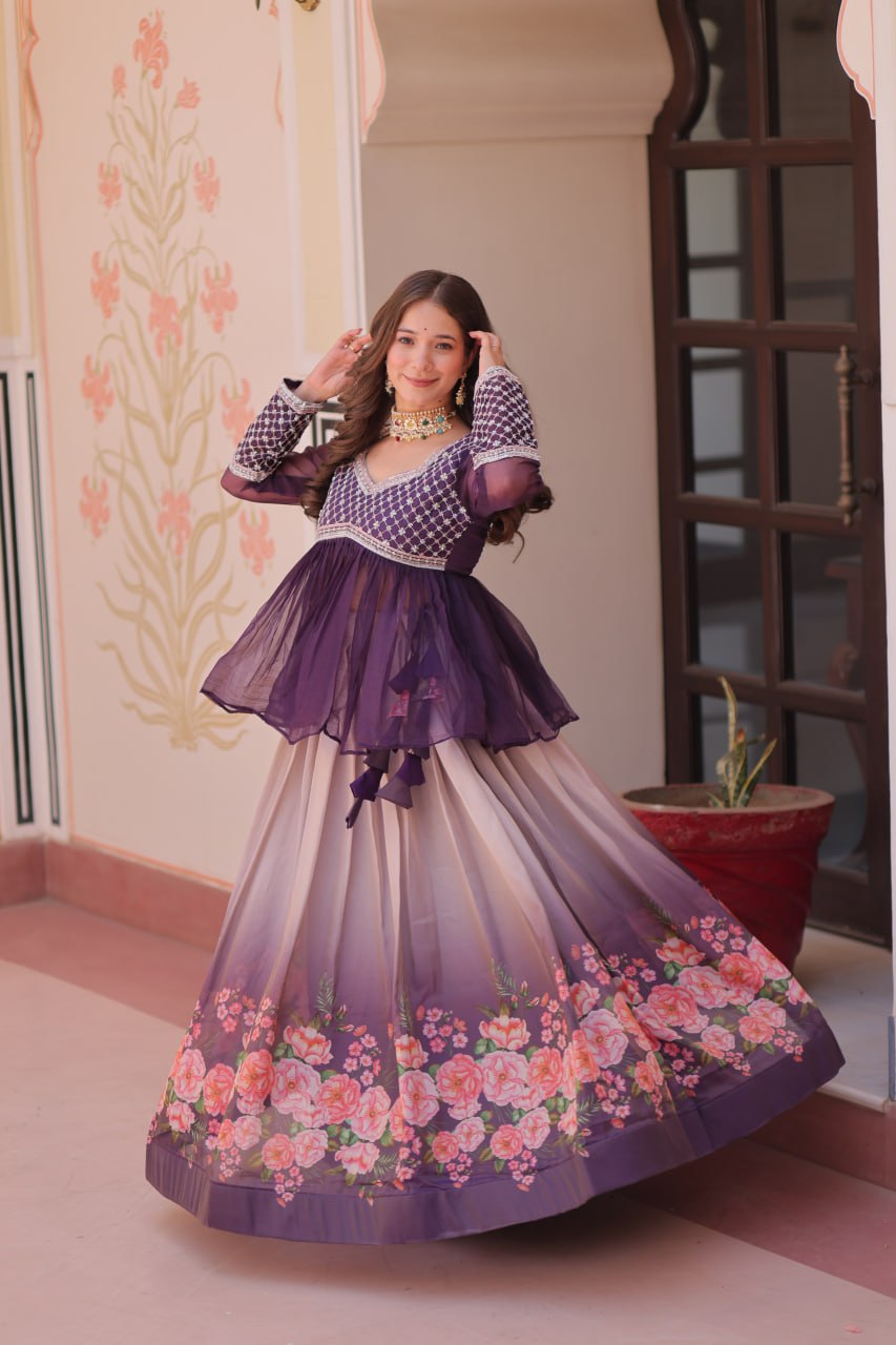 Sangeet Nights Wear Purple Color Flower Printed Embroidered Lehenga Choli