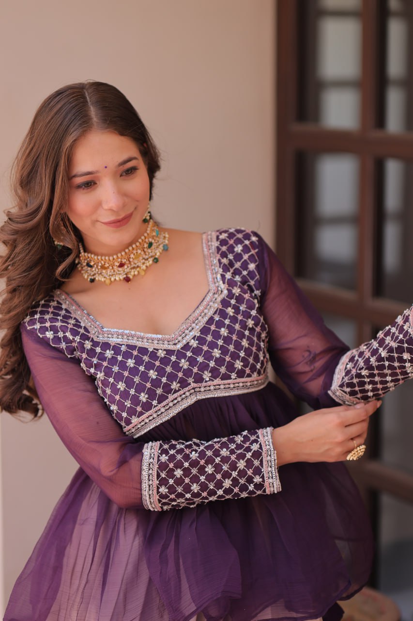 Sangeet Nights Wear Purple Color Flower Printed Embroidered Lehenga Choli