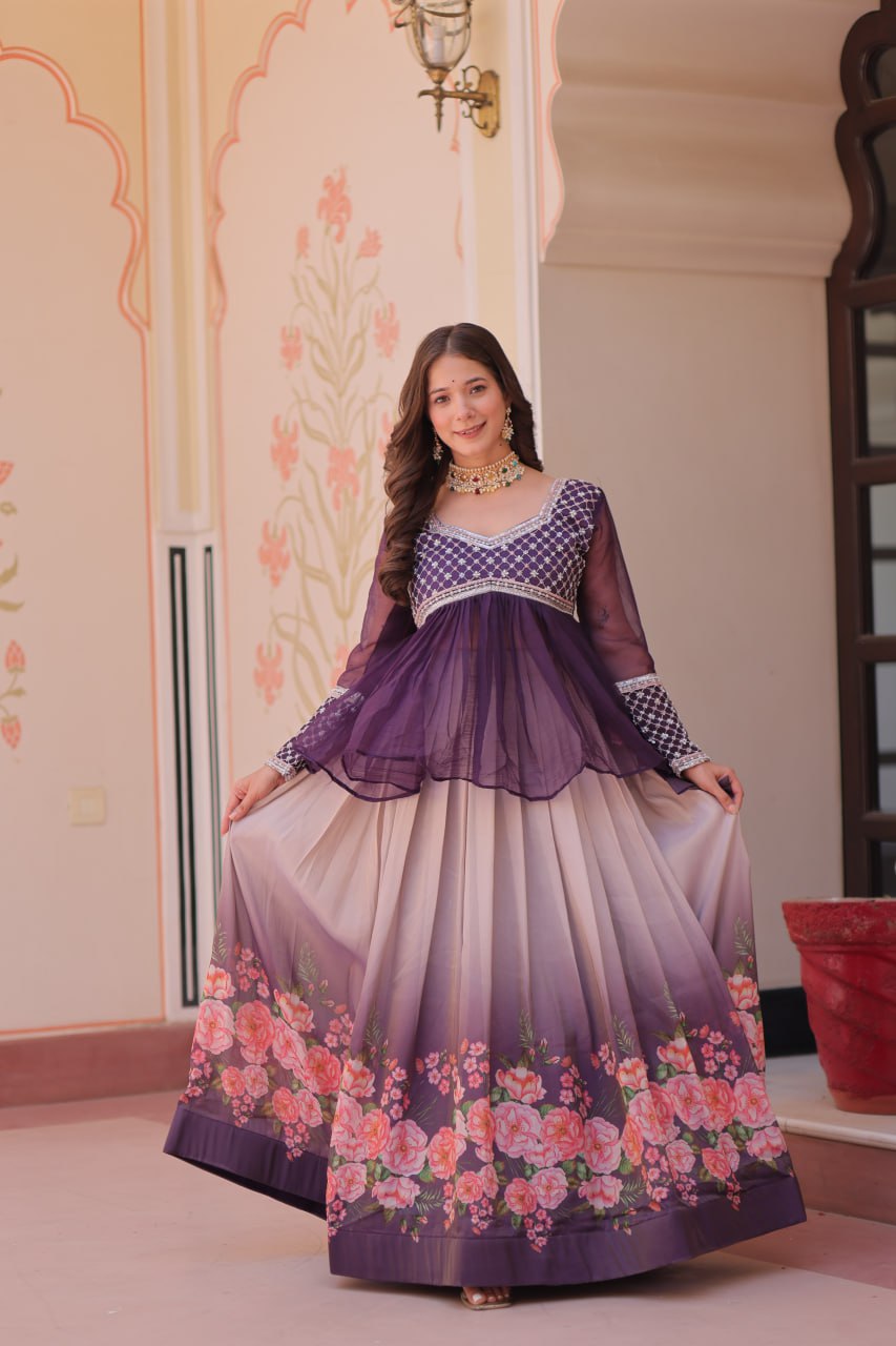 Sangeet Nights Wear Purple Color Flower Printed Embroidered Lehenga Choli
