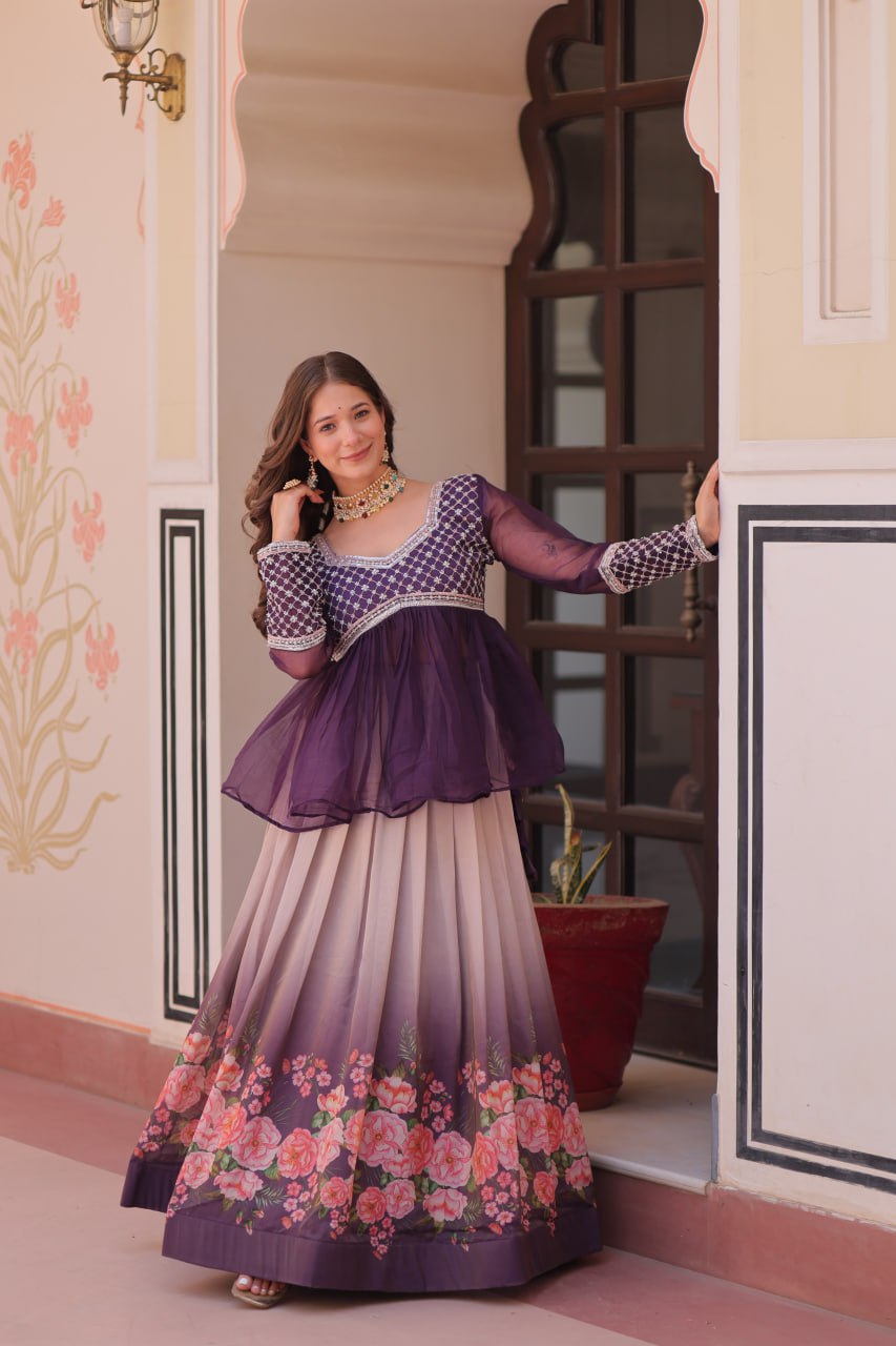 Sangeet Nights Wear Purple Color Flower Printed Embroidered Lehenga Choli