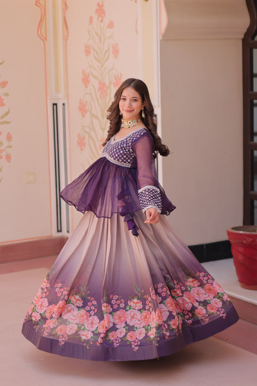 Sangeet Nights Wear Purple Color Flower Printed Embroidered Lehenga Choli