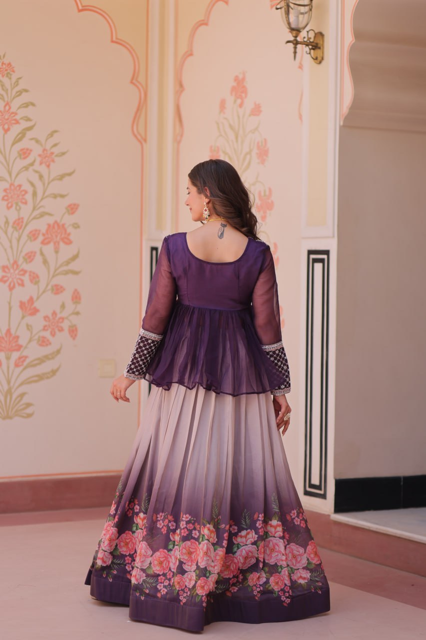 Sangeet Nights Wear Purple Color Flower Printed Embroidered Lehenga Choli