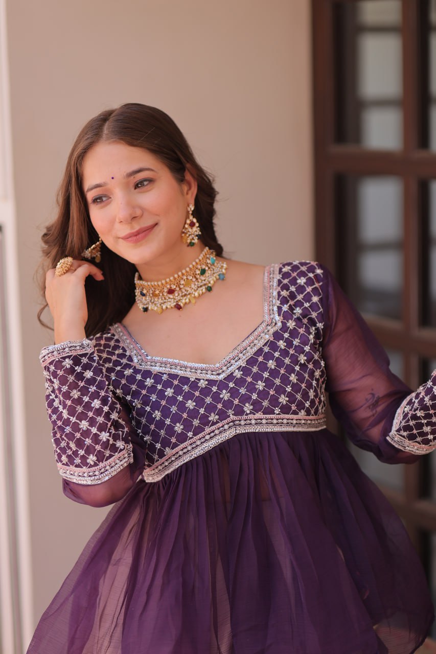 Sangeet Nights Wear Purple Color Flower Printed Embroidered Lehenga Choli