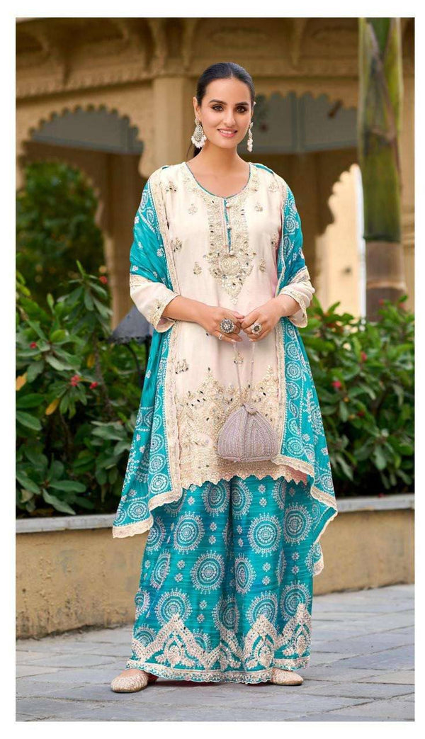 Ravishing Sky Green Color Heavy Embroidered Sequence Coding Work With Real Mirror Hand Work Sharara Suit