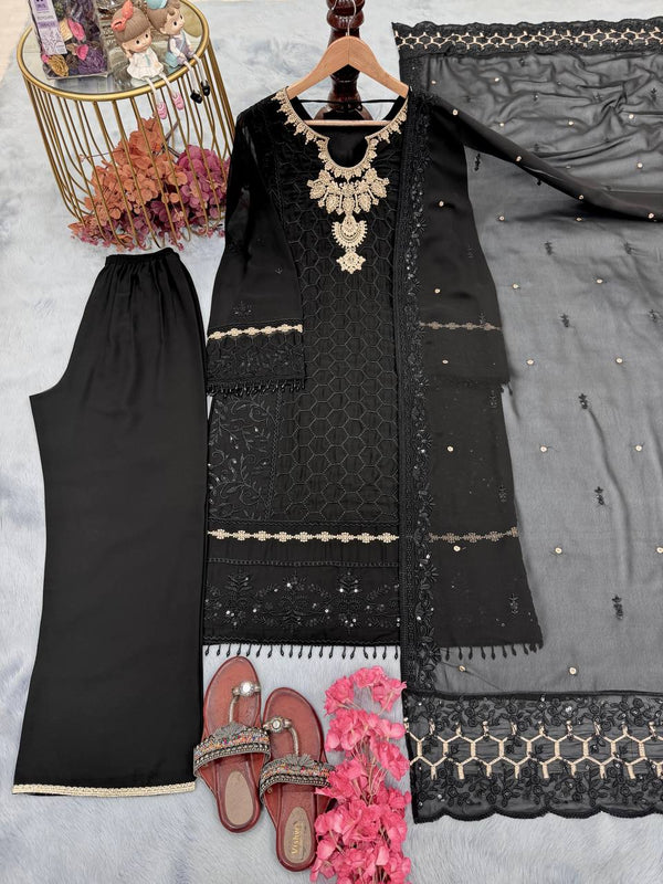 Gorgeous Black Color Heavy Faux Georgette With Heavy Embroidery Sequence Work Salwar Suit