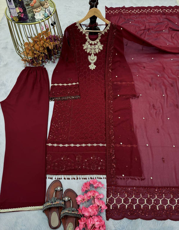 Embellished Maroon Color Heavy Faux Georgette With Heavy Embroidery Sequence Work Salwar Suit