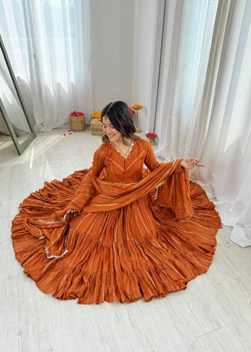 Designer Orange Color Ruffle Gown With Pant And Dupatta Set – Vastra Shop