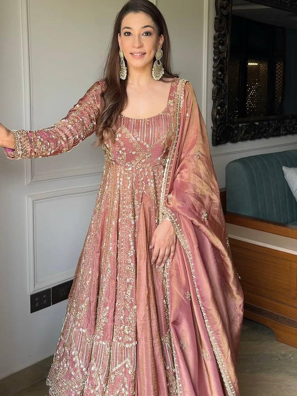 Wedding Wear Peach Color Crunchy Silk Embroidered Plazzo Set