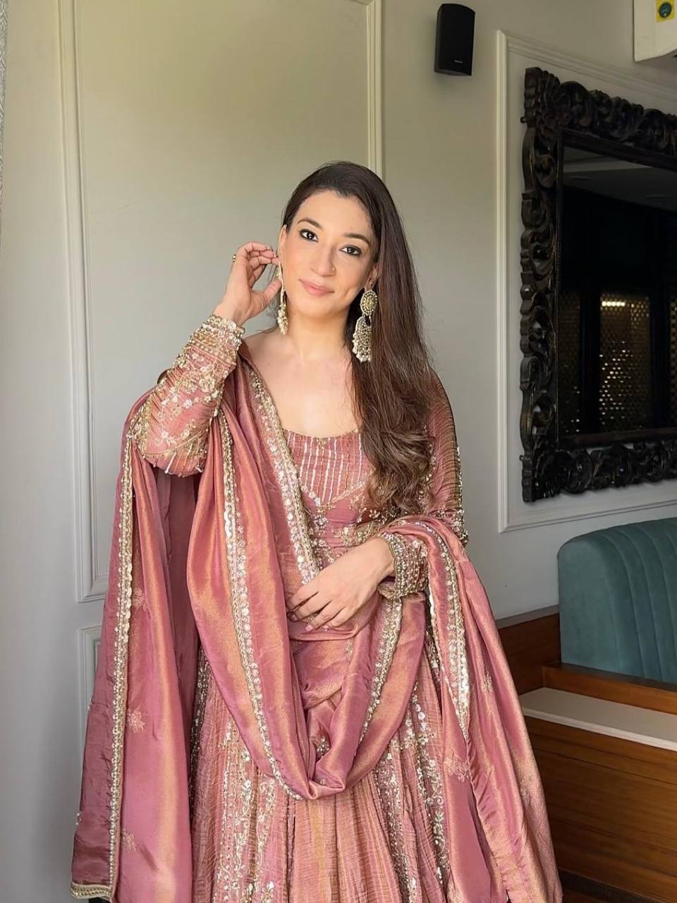 Wedding Wear Peach Color Crunchy Silk Embroidered Plazzo Set