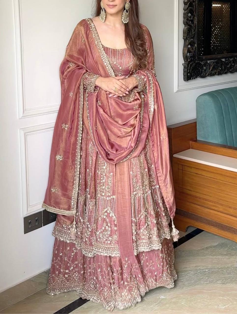 Wedding Wear Peach Color Crunchy Silk Embroidered Plazzo Set