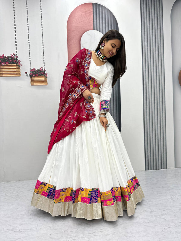Traditional Celebrations Wear White Color Pure Cotton Lehenga Choli