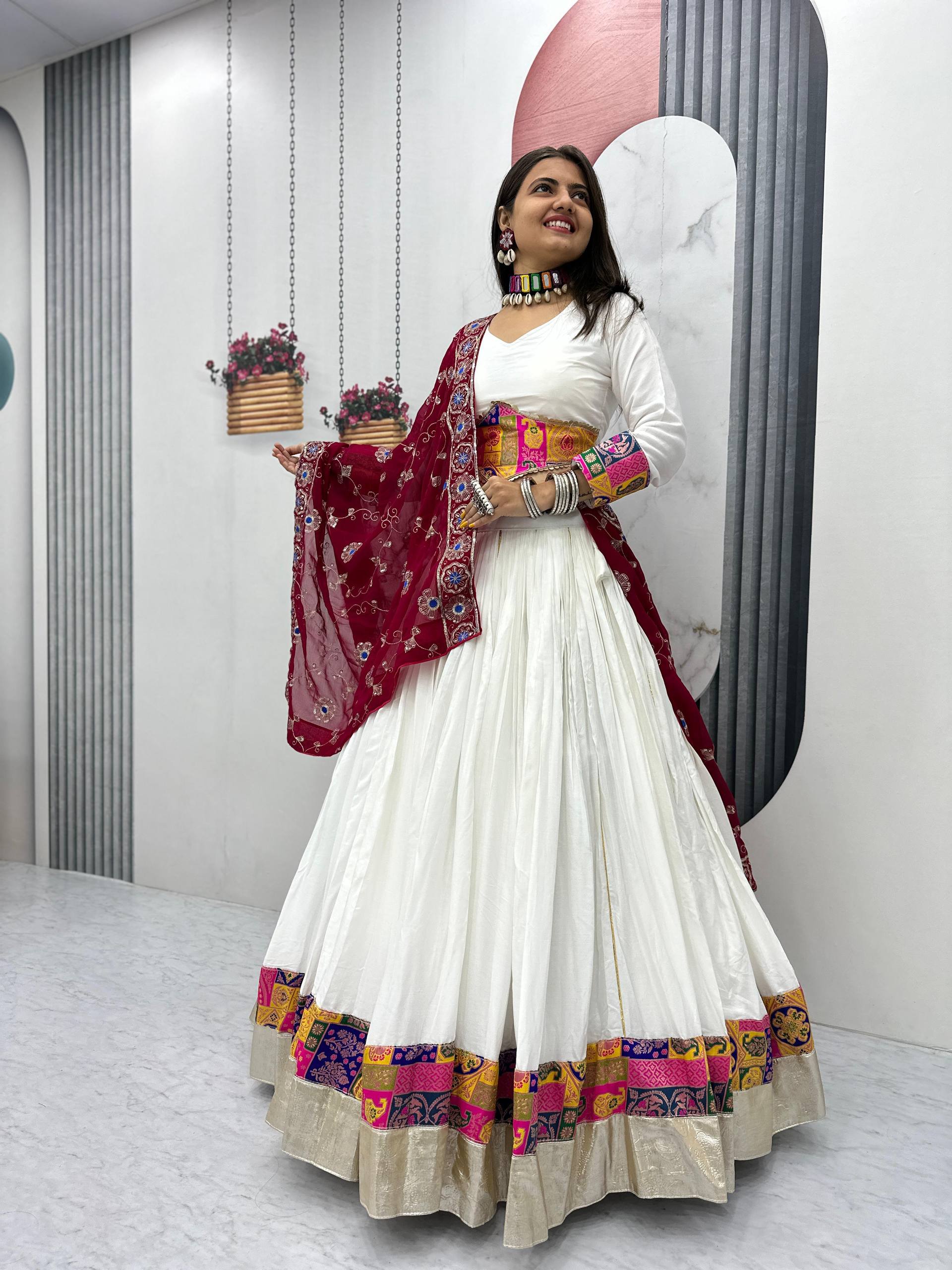 Traditional Celebrations Wear White Color Pure Cotton Lehenga Choli
