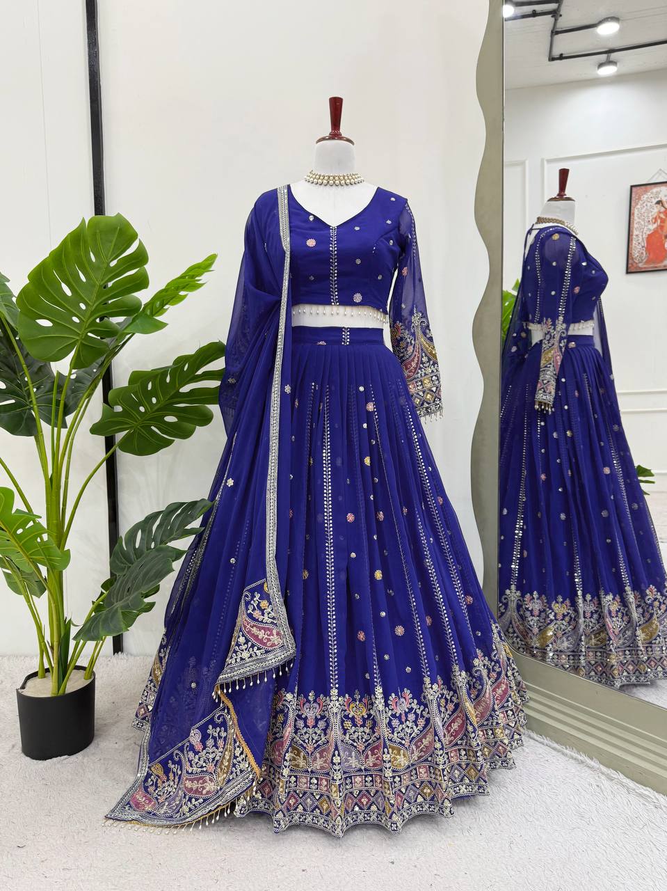 Party Wear Blue Color Faux Georgette Lehenga Choli Set