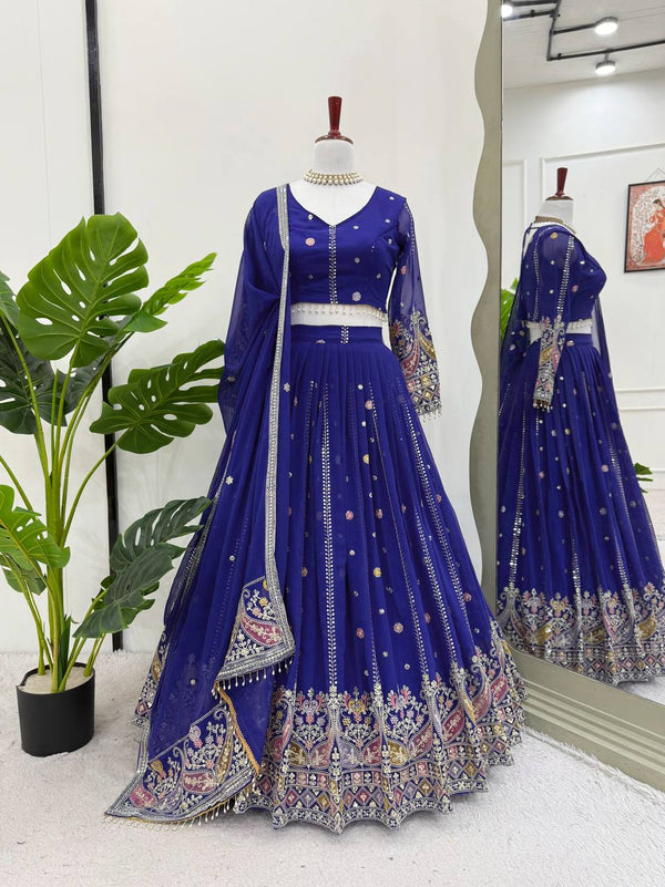 Party Wear Blue Color Faux Georgette Lehenga Choli Set