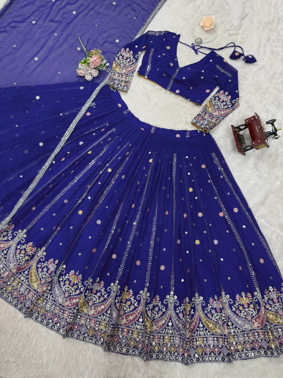 Party Wear Blue Color Faux Georgette Lehenga Choli Set