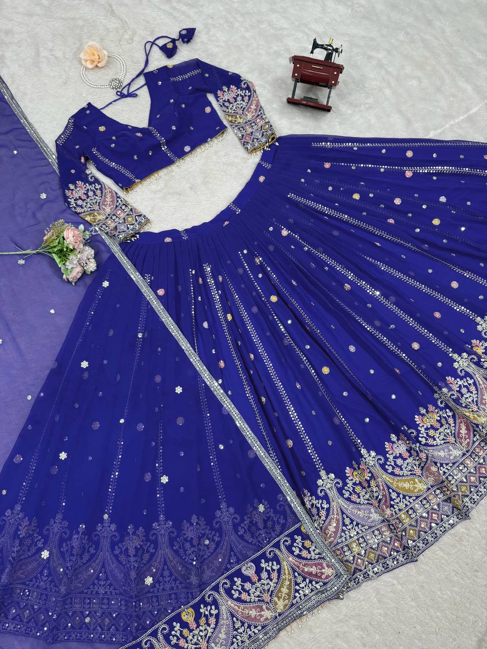 Party Wear Blue Color Faux Georgette Lehenga Choli Set