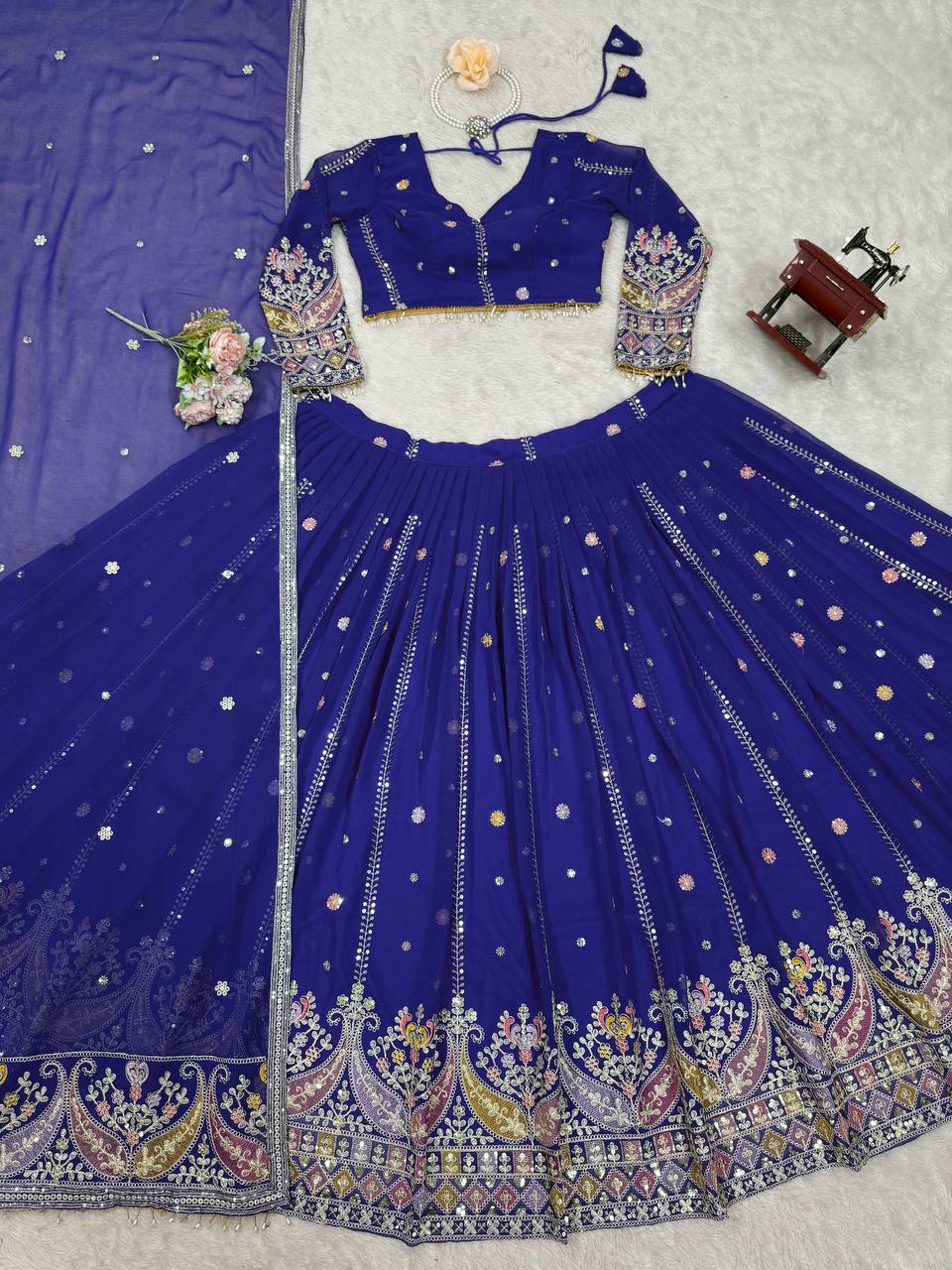 Party Wear Blue Color Faux Georgette Lehenga Choli Set
