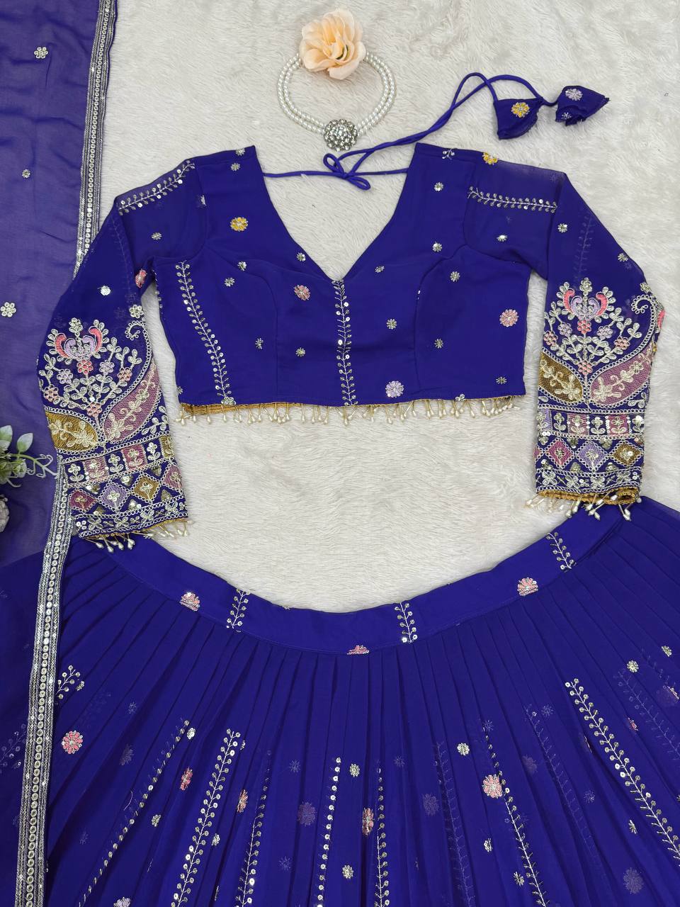 Party Wear Blue Color Faux Georgette Lehenga Choli Set