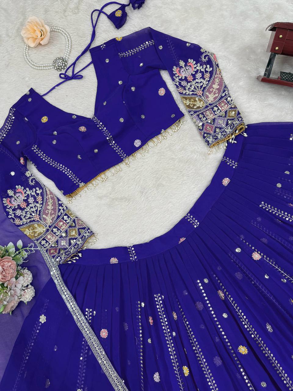 Party Wear Blue Color Faux Georgette Lehenga Choli Set