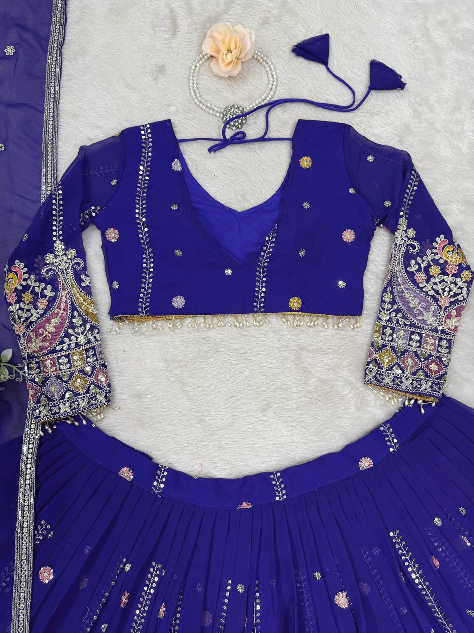 Party Wear Blue Color Faux Georgette Lehenga Choli Set