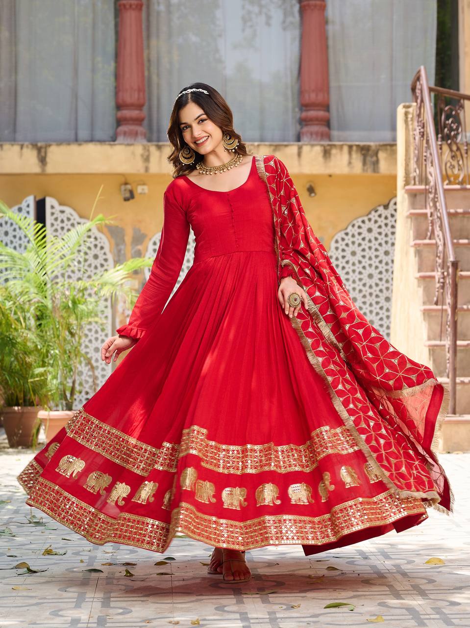 Beautiful Red Color Pure Vichitra Silk Sequence Embroidery Work Gown