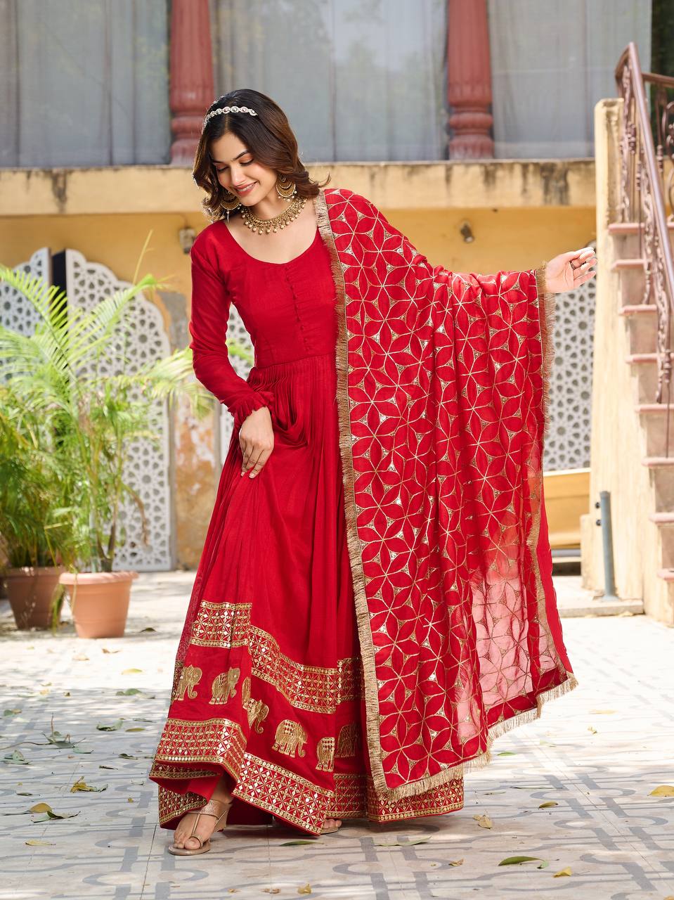 Beautiful Red Color Pure Vichitra Silk Sequence Embroidery Work Gown