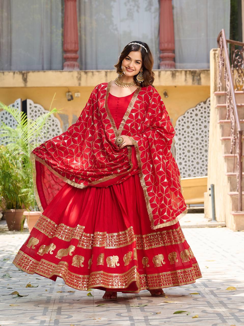 Beautiful Red Color Pure Vichitra Silk Sequence Embroidery Work Gown