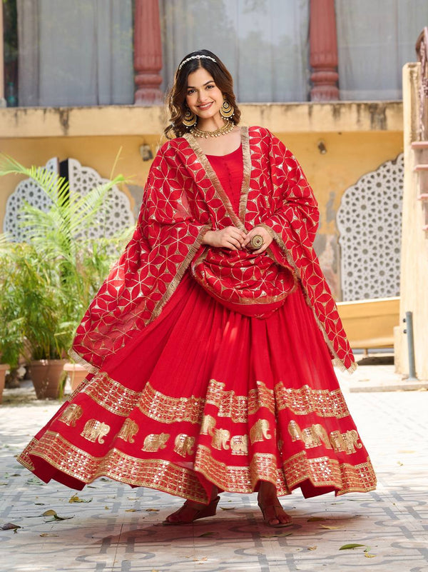 Beautiful Red Color Pure Vichitra Silk Sequence Embroidery Work Gown