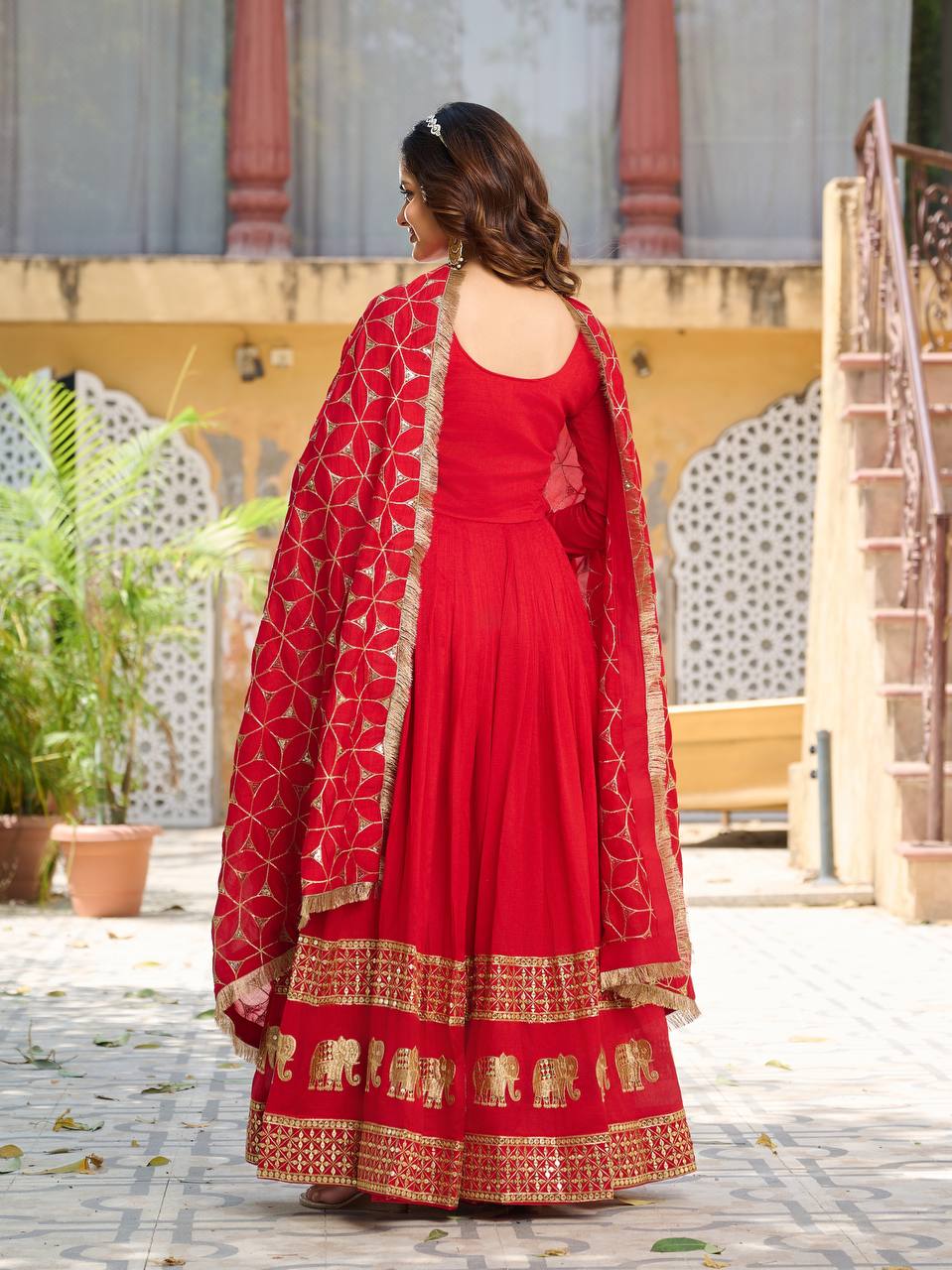 Beautiful Red Color Pure Vichitra Silk Sequence Embroidery Work Gown