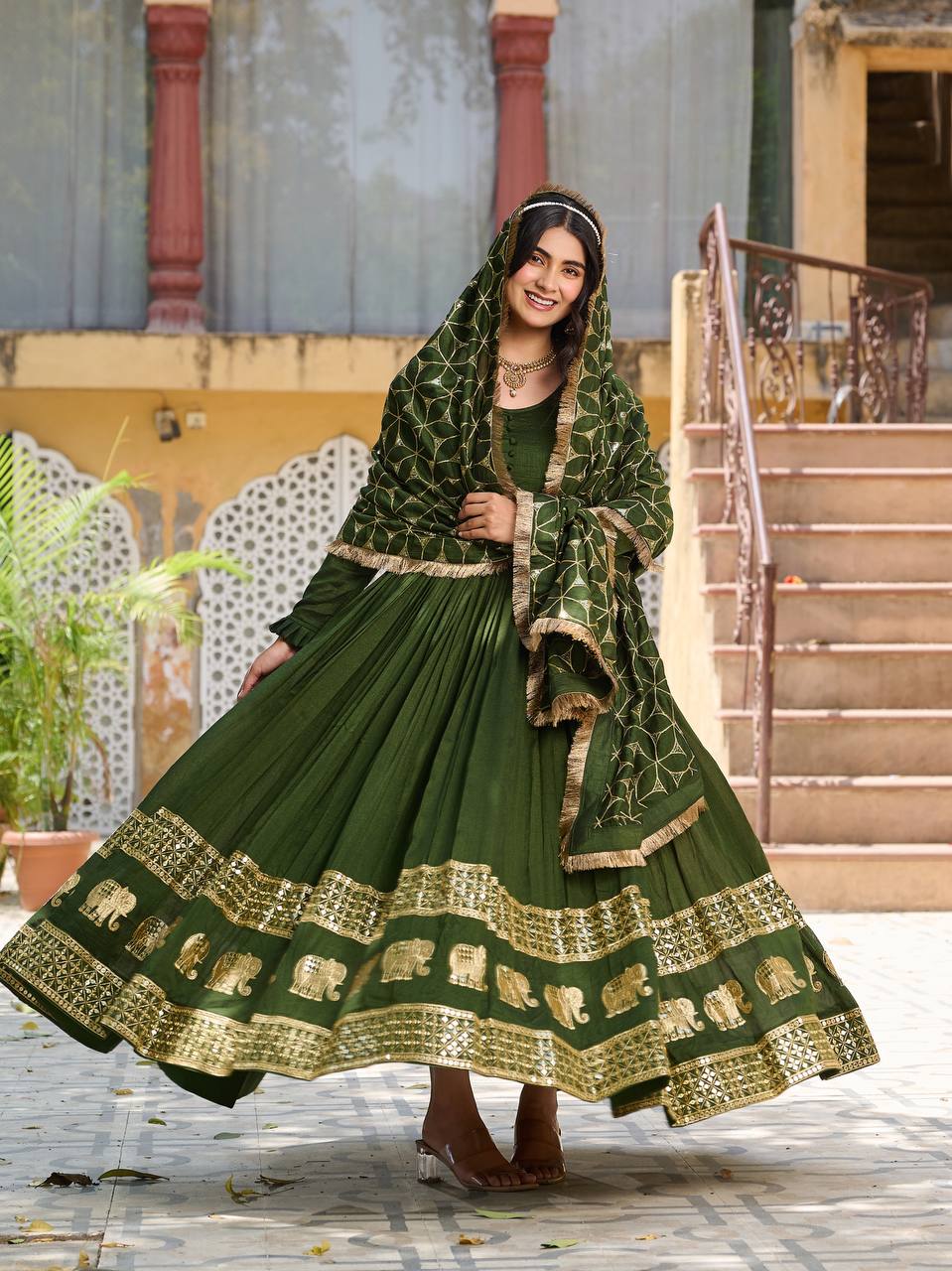 Beautiful Green Color Pure Vichitra Silk Sequence Embroidery Work Gown