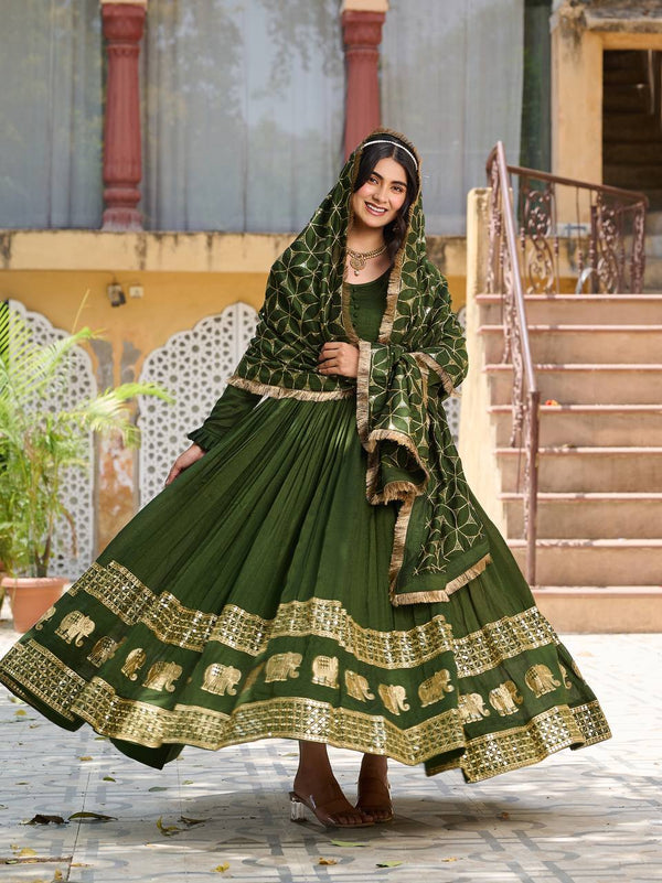 Beautiful Green Color Pure Vichitra Silk Sequence Embroidery Work Gown
