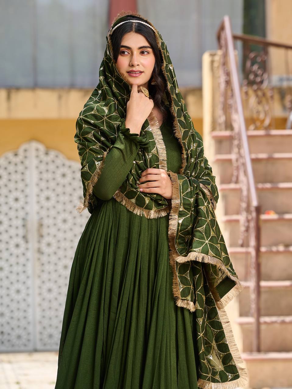 Beautiful Green Color Pure Vichitra Silk Sequence Embroidery Work Gown