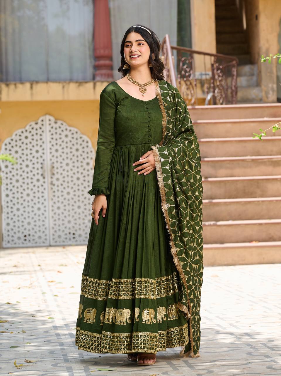 Beautiful Green Color Pure Vichitra Silk Sequence Embroidery Work Gown