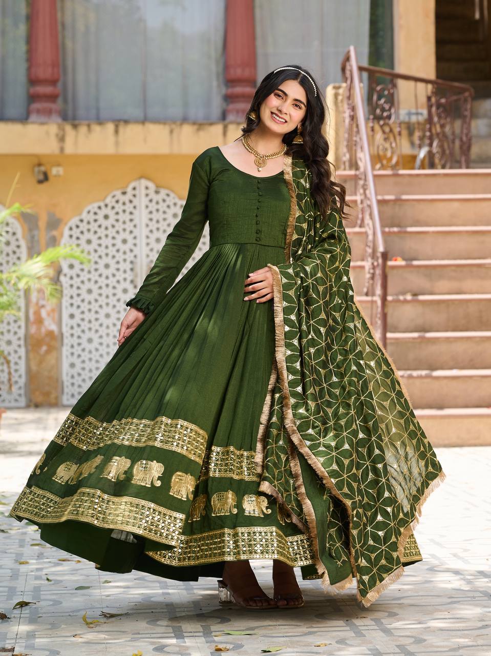 Beautiful Green Color Pure Vichitra Silk Sequence Embroidery Work Gown