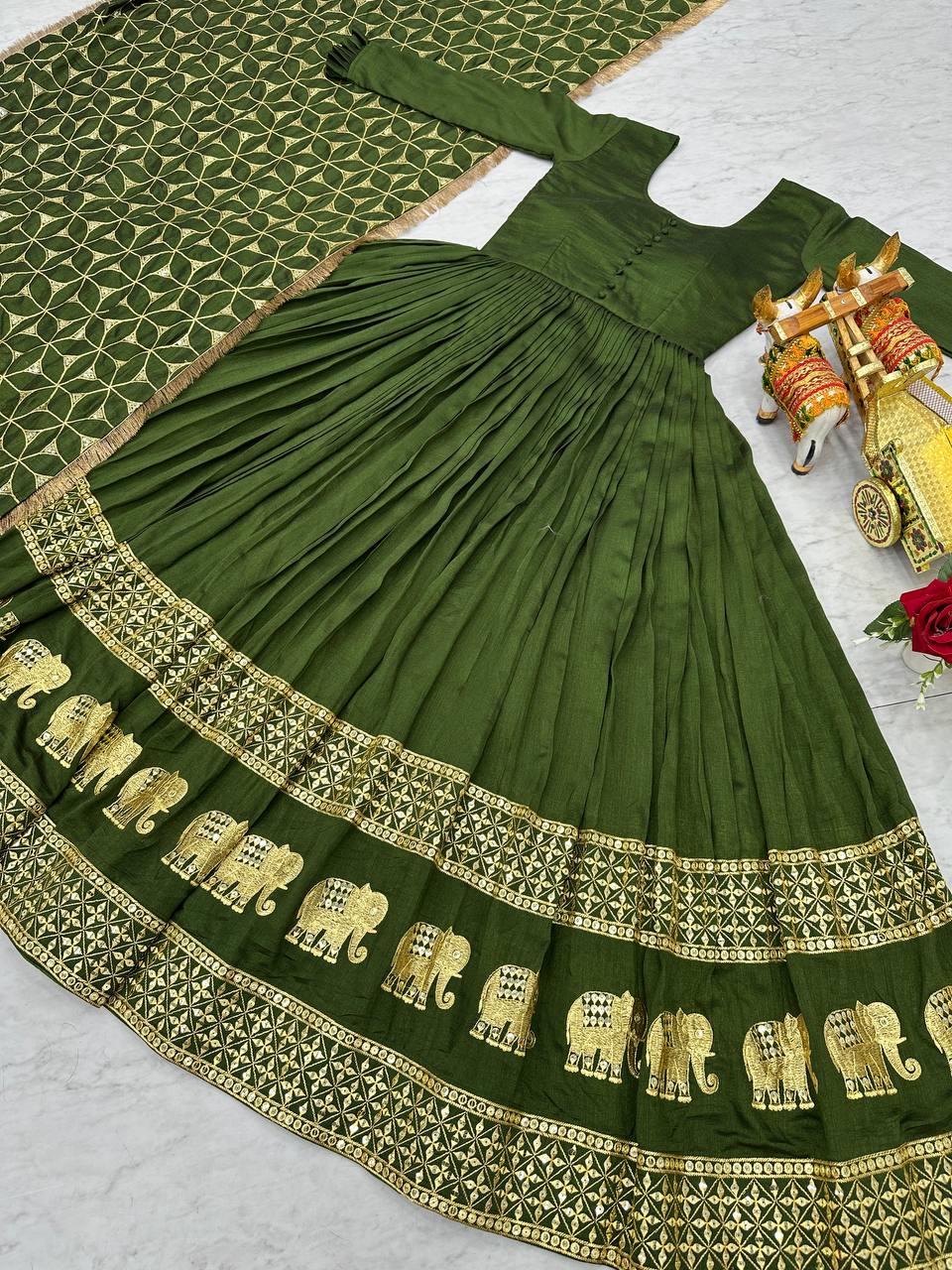 Beautiful Green Color Pure Vichitra Silk Sequence Embroidery Work Gown