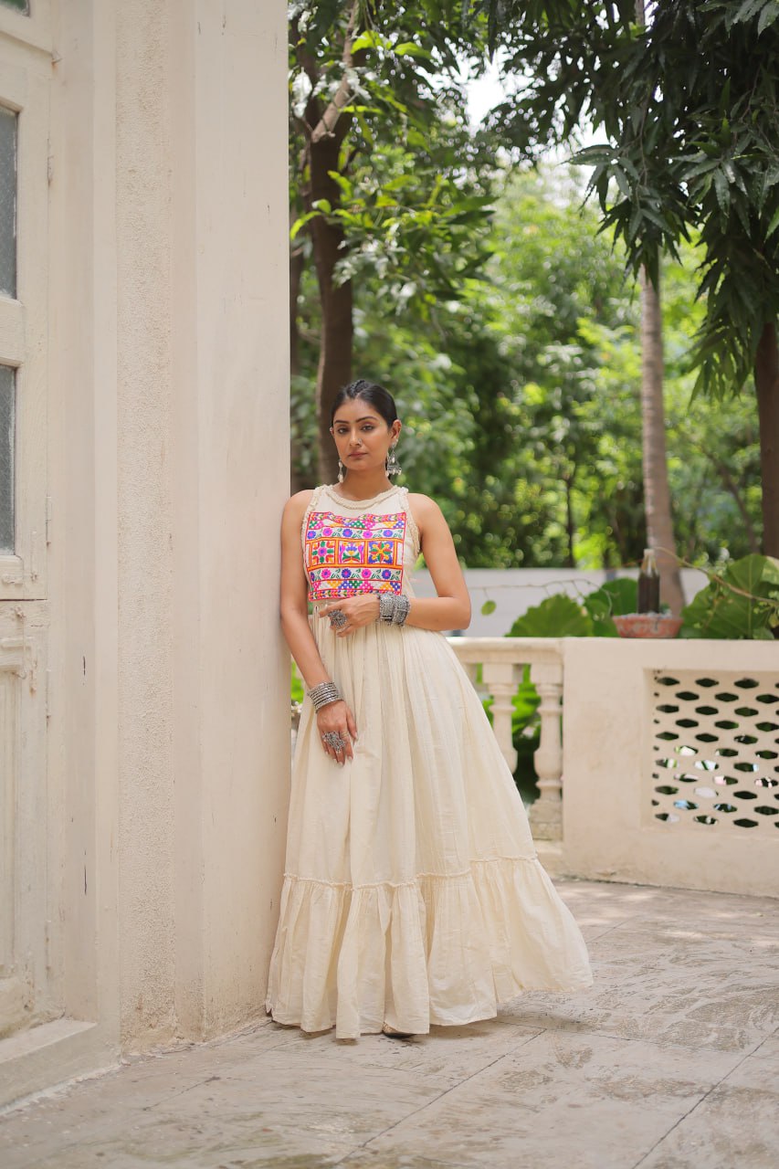 Elegant Off White Color Kora Cotton Navratri Wear Gown