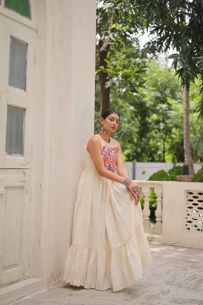 Elegant Off White Color Kora Cotton Navratri Wear Gown
