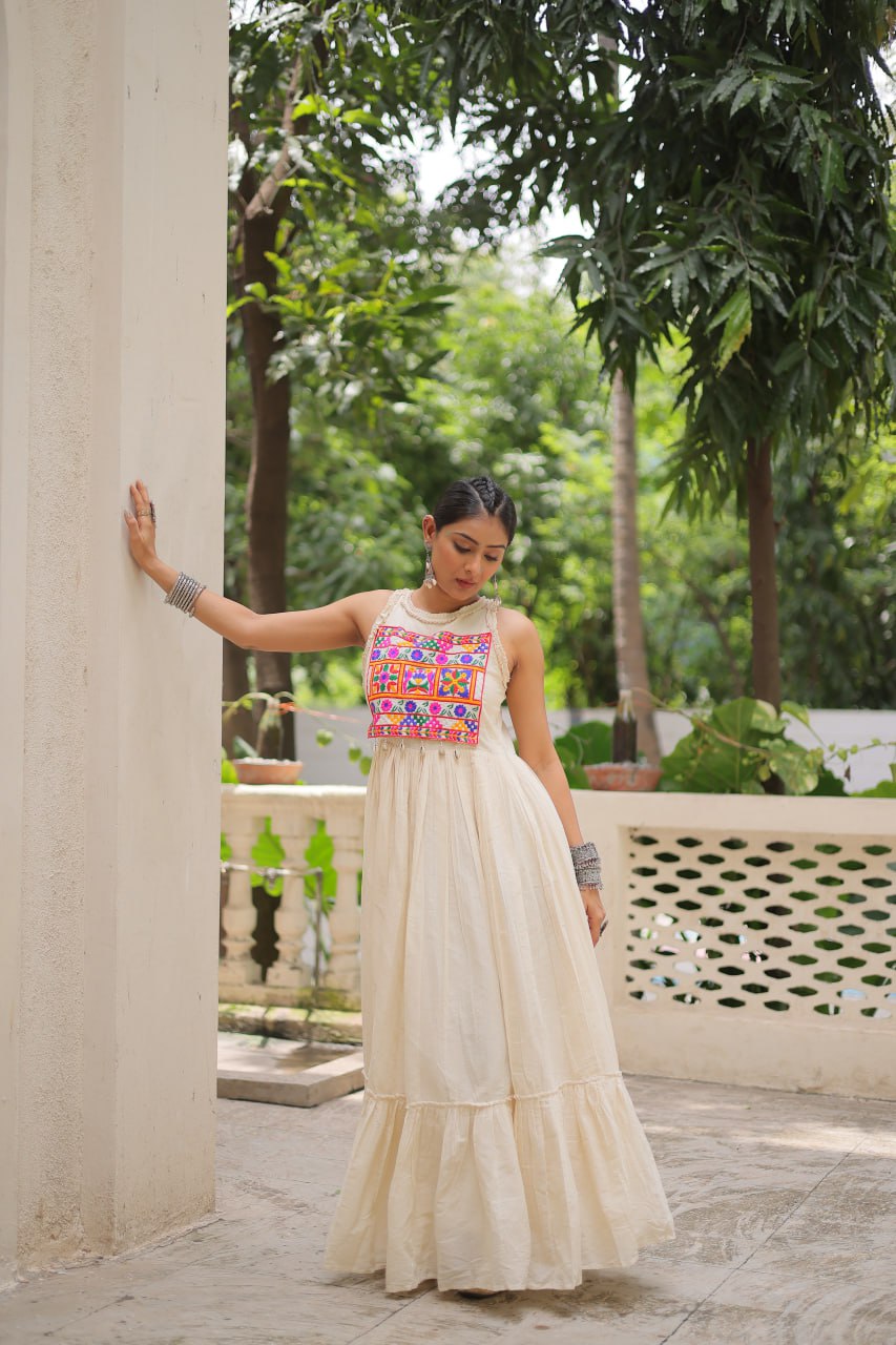 Elegant Off White Color Kora Cotton Navratri Wear Gown
