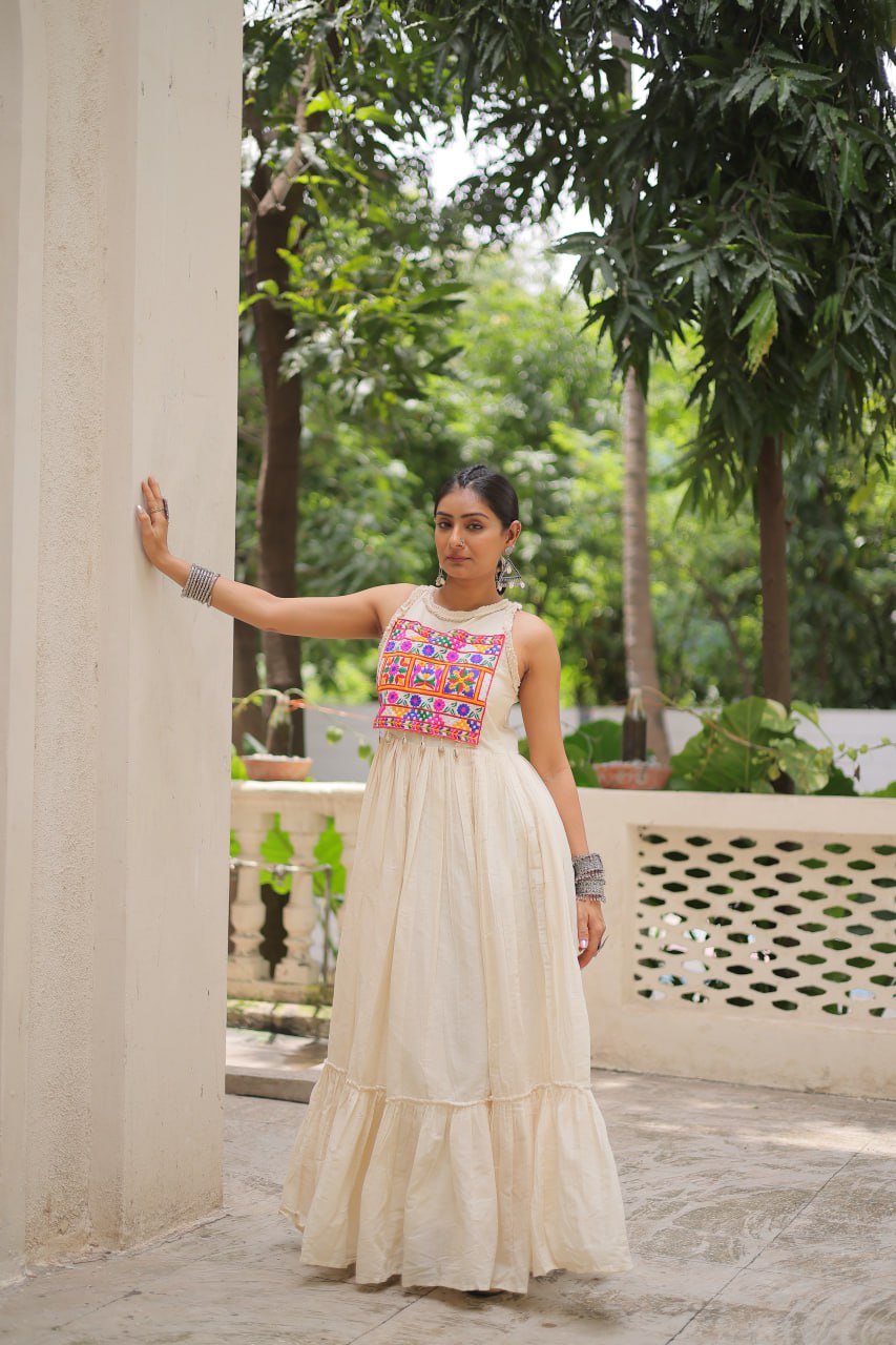 Elegant Off White Color Kora Cotton Navratri Wear Gown