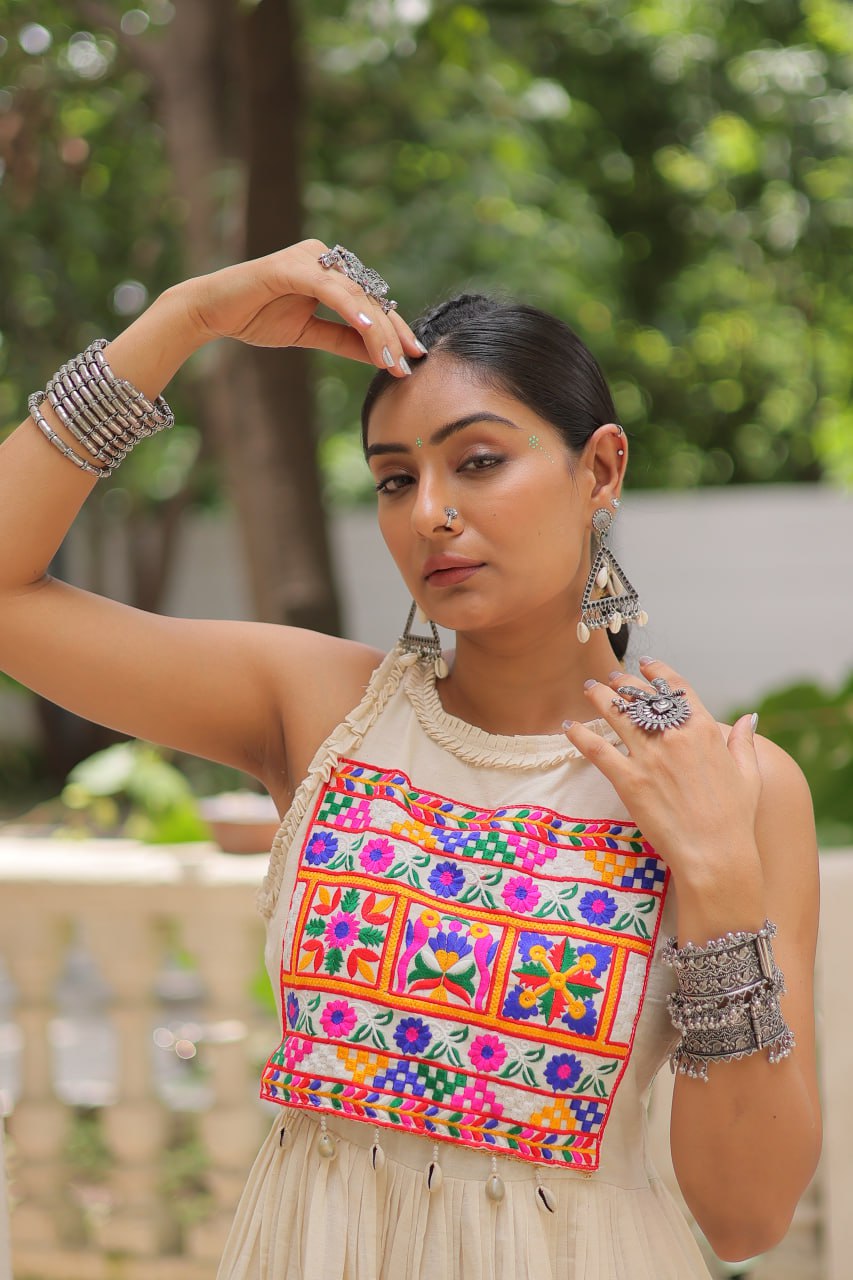 Elegant Off White Color Kora Cotton Navratri Wear Gown