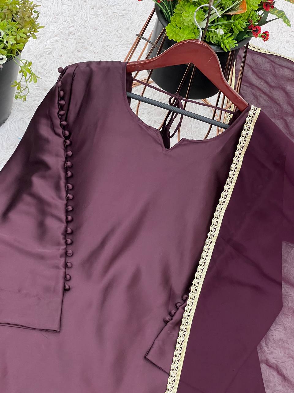 Latest Collection Wine Color Japan Satin Designer Salwar Suit