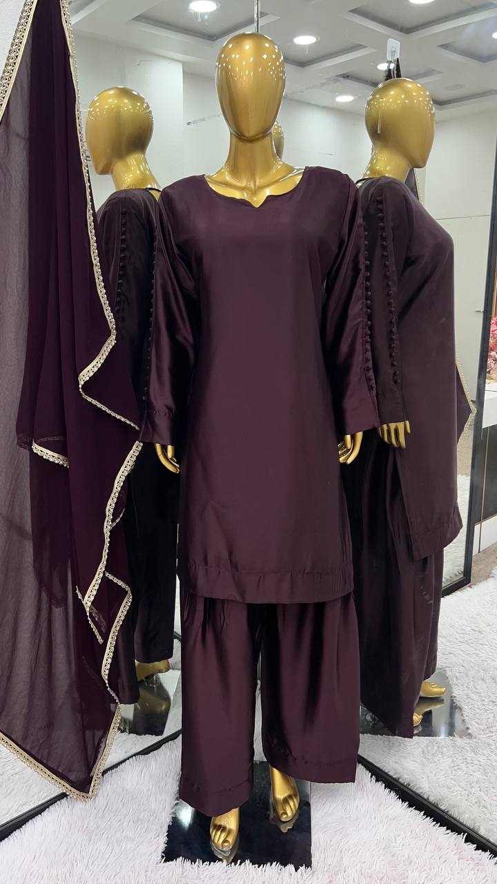 Latest Collection Wine Color Japan Satin Designer Salwar Suit